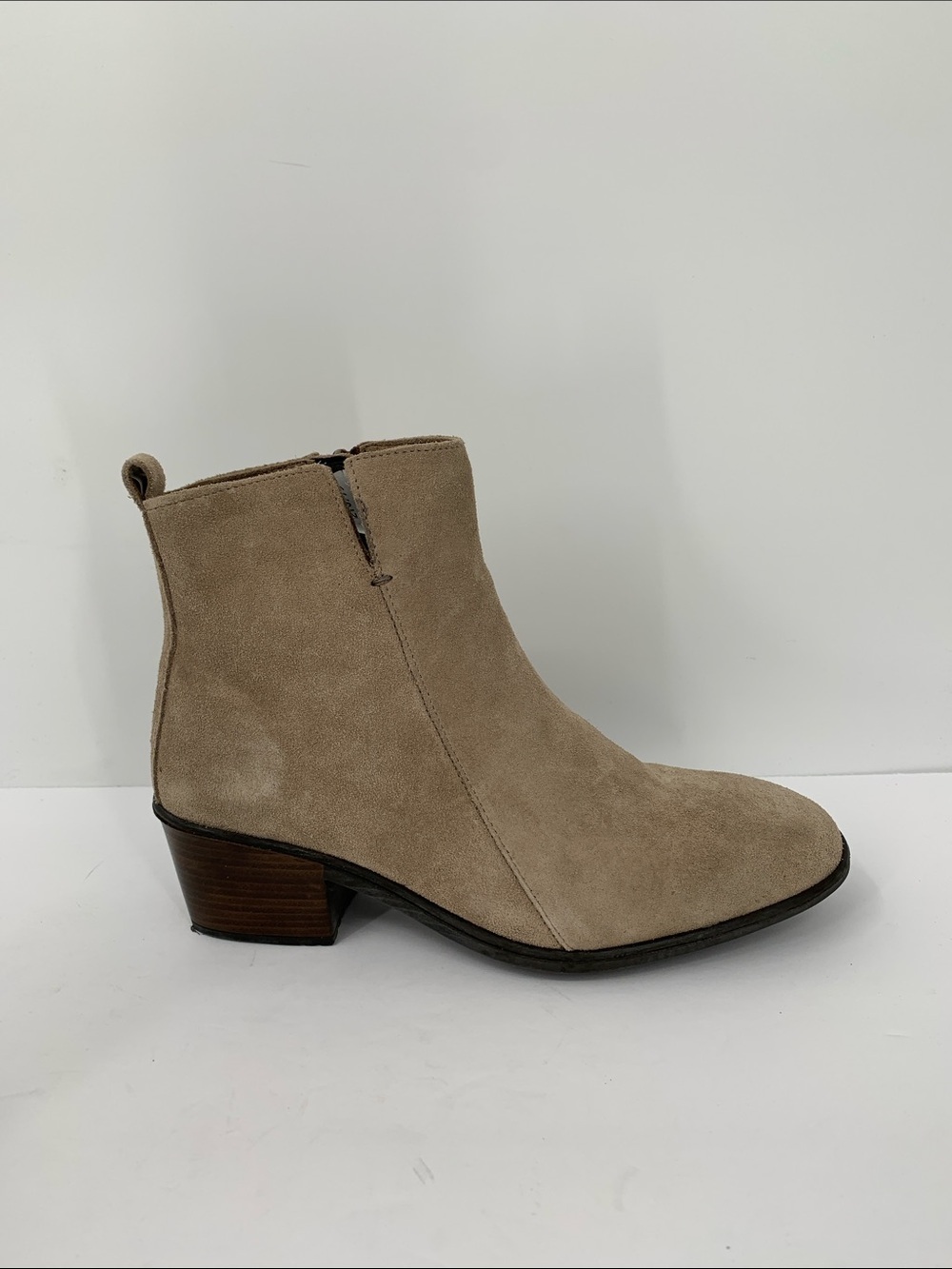 NAOT Ethic suede boots leather zipper ankle shoe almond tan comfort heel 36 5